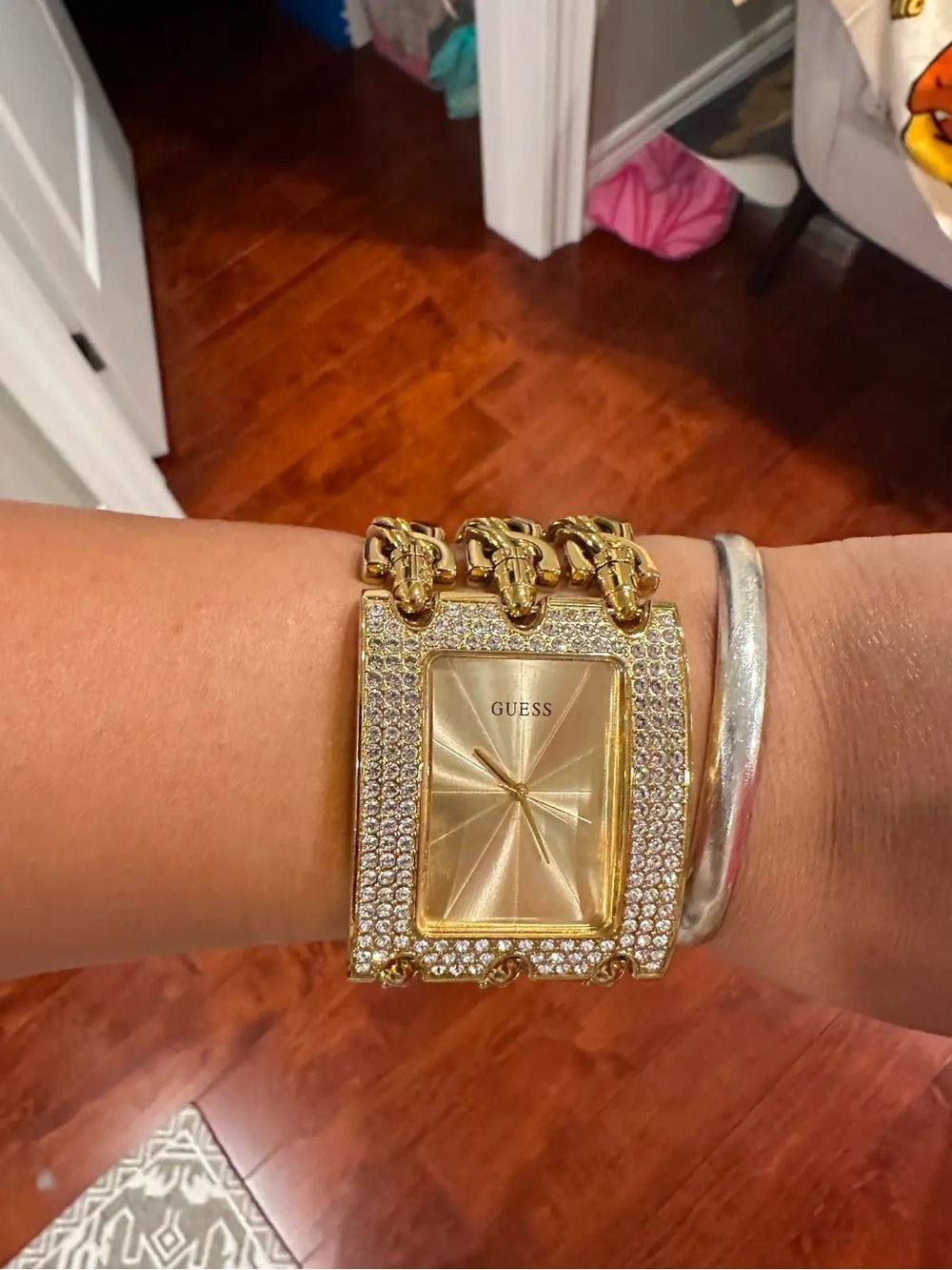 GUESS Gold-Tone Crystal Rectangular Chainlink Watch